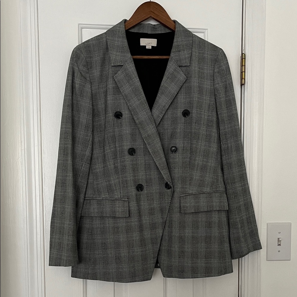 LOFT Charcoal Plaid Double-Breasted Blazer